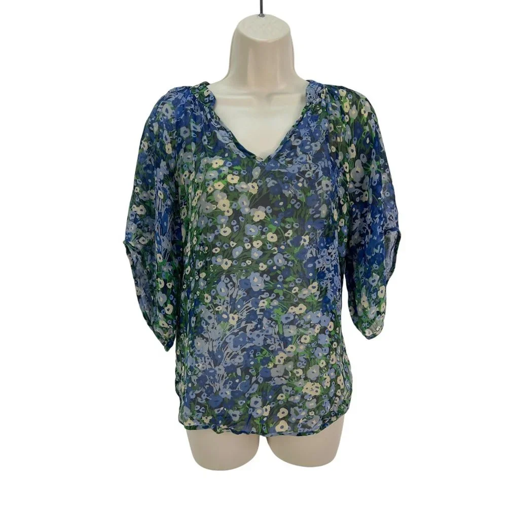 ANTHROPOLOGIE Fei Women’s Size 2 Silk Blue Floral Elbow Sleeve Blouse - Picture 1 of 6